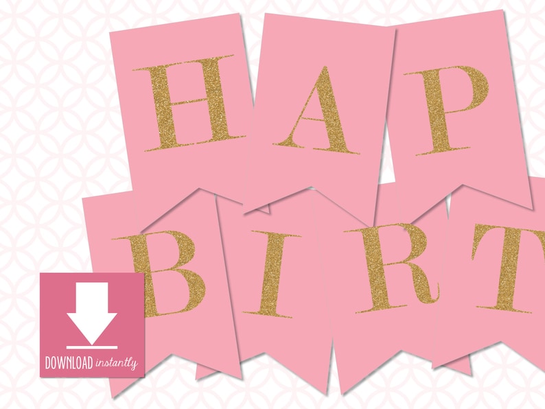 Printable Pennant Lipgloss Pink With Gold Glitter Happy Birthday Banner ...