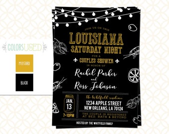 May include: Black and gold invitation for a Louisiana-themed couples shower for Rachel Parker and Ross Johnson. The invitation features a string of lights, a fleur-de-lis, and illustrations of crawfish, lemons, and olives. The event is scheduled for January 13th from 7-10pm at the Whitfull residence, 1234 Apple Street, New Orleans, LA 70124.
