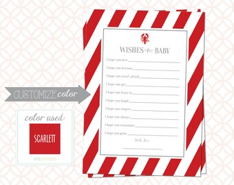Può includere: Una carta di gioco per baby shower stampabile con strisce rosse e bianche. La carta ha il testo "WISHES for BABY" e include un elenco di desideri per il bambino.