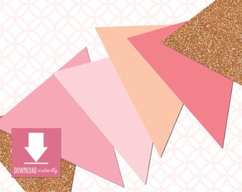 Printable Rose Gold Glitter Pennant Flag Banner that includes Shades of Pink Pennant Flags: Instant Download