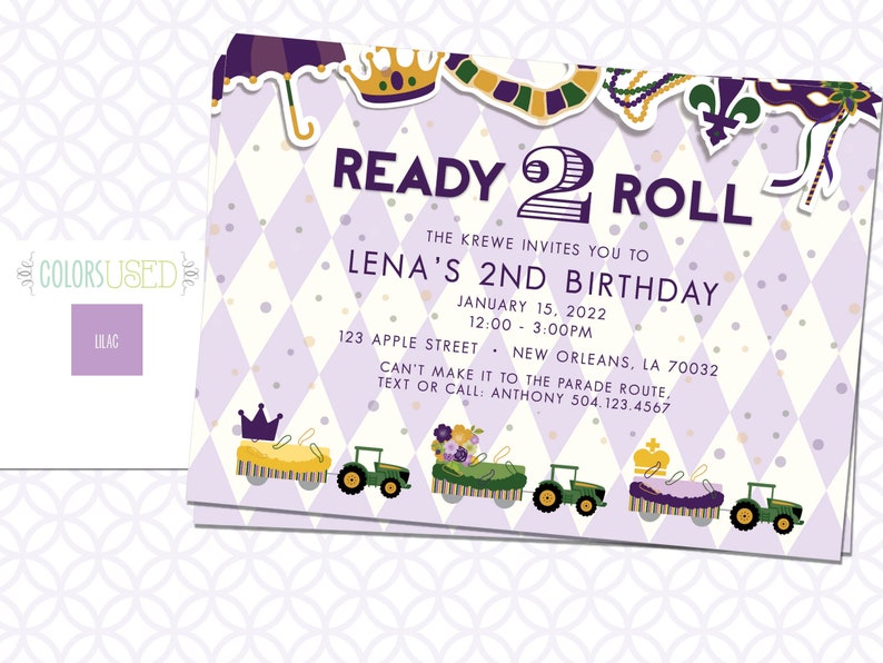 Printable READY 2 ROLL Birthday Party Invitation 5in X 7in Mardi Gras Birthday Invite Second Birthday Ready Two Roll