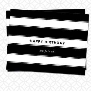 Printable Happy Birthday Stationery Black and White Stripes: Instant Download as Flat and Folded option to fit A2 4.25in X 5.5in envelope