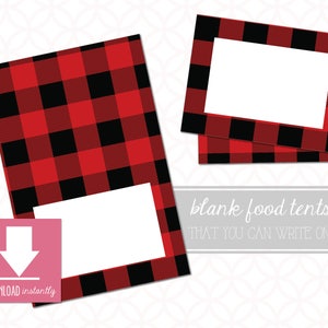 Cartes imprimables de table de tente de table de nourriture de Buffalo rouge Cartes de place : Téléchargement instantané, 2 tailles, cartes de buffet de Noel et de vacances, cartes de visite