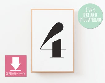 Printable Number 4: Instant Download 3 Sizes, 8.5in x 11in, 11in x 17in, and 16in x 20in, Minimalist Art, Number Four Print, Black & White