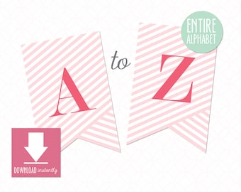 Printable Pennant Banner that includes entire alphabet: Light Pink Stripes with Kiss Pink Letters (Instant Digital Download), Blush Pink