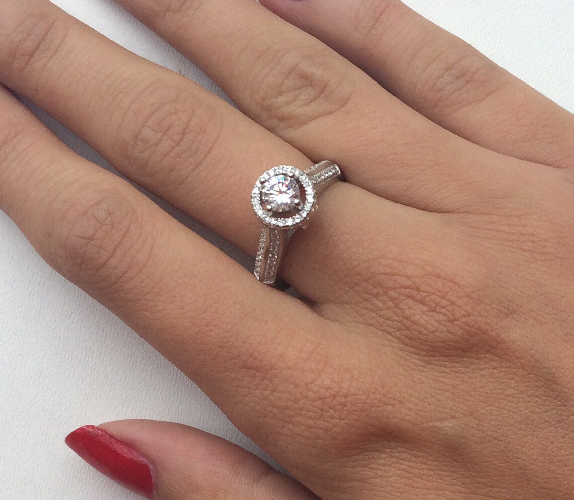 Solitaire Halo Ring in 925 Sterling Silver With Cubic Zirconia Etsy