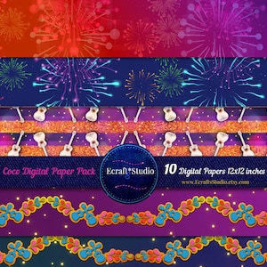 Coco Movie Digitales Papierpaket - Tag der Toten Digitales Papier - 10 Jpgs 12 x 12 Hintergründe - Sofortiger Download - Coco Scrapbook Papier -