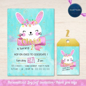 Bunny Birthday Invitation, Some Bunny, Floral bunny face invites, easter birthday, printable Watercolor Bunny invitation, easter bunny, tags image 7