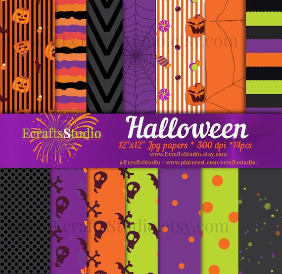 HALLOWEEN digital Papers - 14 jpg Papers - Instant Download - halloween pumpkin black skulls Candy Corn cross - Purple Orange Black paper Il_570xn
