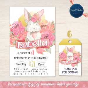 Bunny Birthday Invitation, Some Bunny, Floral bunny face invites, easter birthday, printable Watercolor Bunny invitation, easter bunny, tags image 6