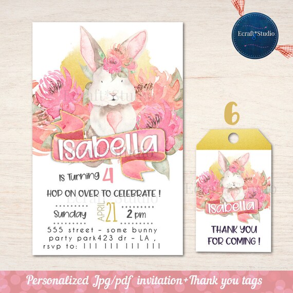 Bunny Birthday Invitation, Some Bunny invites, ANY AGE, Floral bunny face invites, easter birthday, printable Watercolor Bunny invitation Il_570xn
