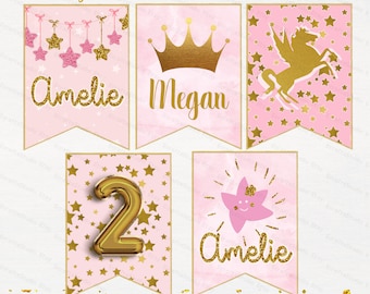 Custom Name Printable Bunting Banner - Any Name  - Pink Gold Banner - Customized Glitter Pink Banner -  Printable pink gold Party Pennant