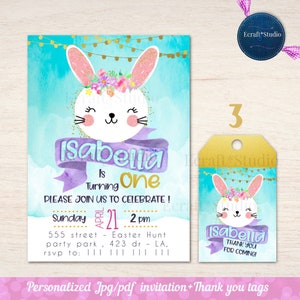 Bunny Birthday Invitation, Some Bunny, Floral bunny face invites, easter birthday, printable Watercolor Bunny invitation, easter bunny, tags image 5