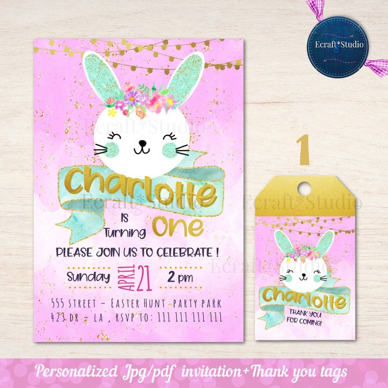 Bunny Birthday Invitation, Some Bunny, Floral bunny face invites, easter birthday, printable Watercolor Bunny invitation, easter bunny, tags image 3