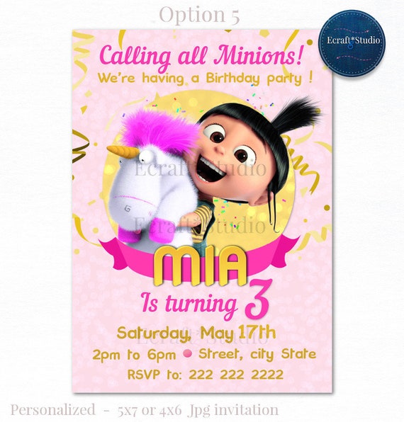 Agnes Invitation - Minions Invitation - Agnes Birthday - Agnes Despicable me  - Agnes Unicorn - Minion girl party - Minion Pink party - Agnes by  EcraftsStudio