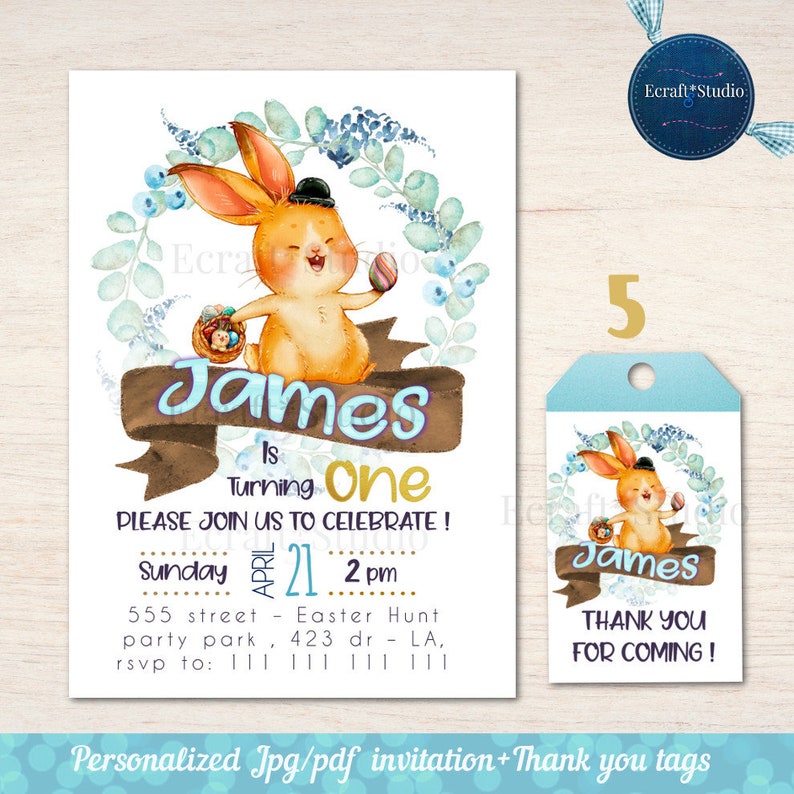 Bunny Birthday Invitation, Some Bunny, Floral bunny face invites, easter birthday, printable Watercolor Bunny invitation, easter bunny, tags image 1
