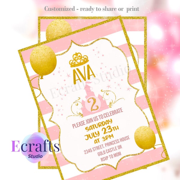 Princess Birthday Invitation, Princess gold pink Evita, ANY AGE, Minnie gold pink Evita, pink gold birthday, Unicorn girl invitation