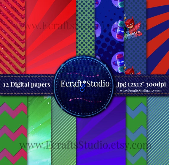 Super hero digital papers inspired on PJ Masks - blue red Starburst - Tower background - 12x12" - scrapbook - Instant Download - birthday Il_570xn