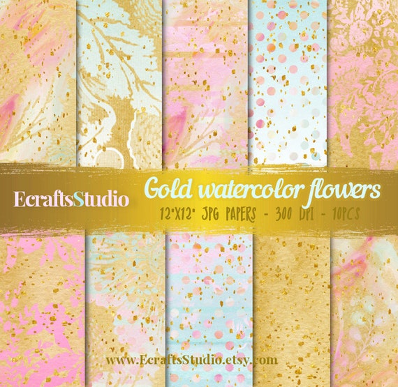 Gold watercolor flowers digital papers , Glitter watercolor paper pack, Distressed digital papers, Flowers glitters digital papers, instant Il_570xn