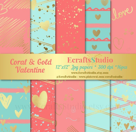 Valentine's day paper pack - Gold Coral Turquoise Hearts Patterns - Valentine's digital paper pack - Foil Coral digital paper - Romantic Il_570xn