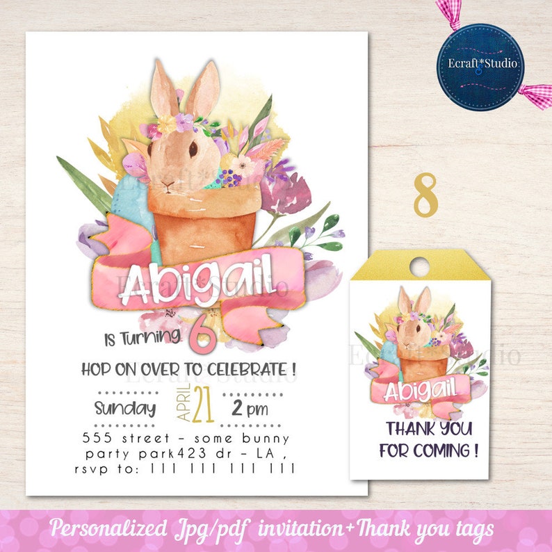 Bunny Birthday Invitation, Some Bunny, Floral bunny face invites, easter birthday, printable Watercolor Bunny invitation, easter bunny, tags image 8