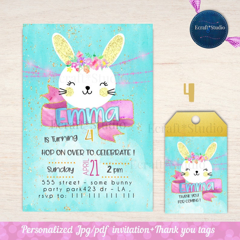 Bunny Birthday Invitation, Some Bunny, Floral bunny face invites, easter birthday, printable Watercolor Bunny invitation, easter bunny, tags image 2