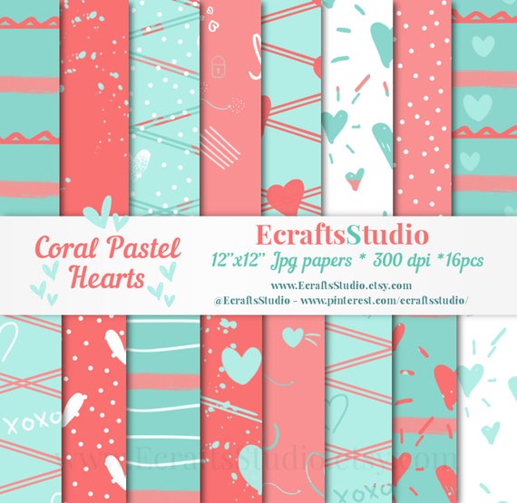 Valentine's day paper pack - Coral Pastel Hearts Patterns - Valentine's digital paper pack - painted digital paper - Mother's day papers Il_570xn