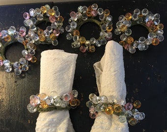 Napkin Rings ~ Beaded Napkin Holder ~ Set of Six ~ Clear Gold Pink ~ Vintage