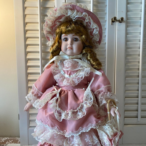 Vintage Porcelain Doll ~ Pink Dress and Hat ~Holding Parasol or Umbrella ~  Includes Stand