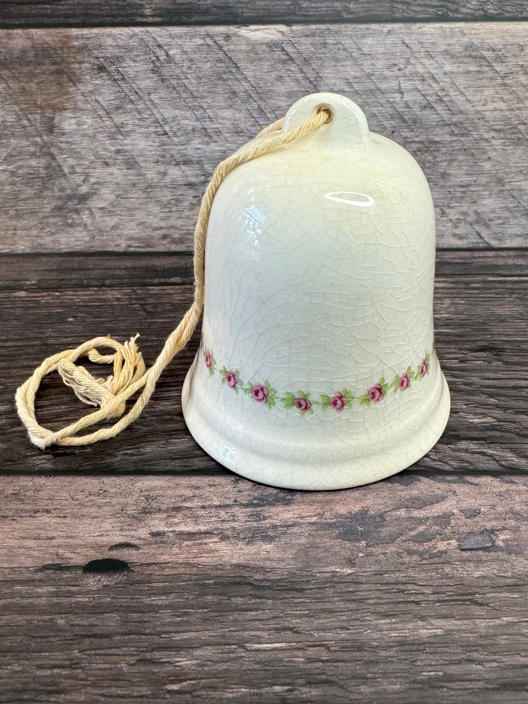 Vintage Porcelain Bell ~ String Hanging Loop ~ off White With Pink ...