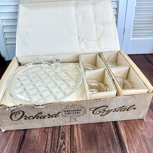 Vintage Snack Set ~ Orchard Crystal Apple Tea and Toast Set ~ 4 Plates and 4 Cups ~ In Box ~ Mid Century/Retro ~ Hospitality Luncheon Set