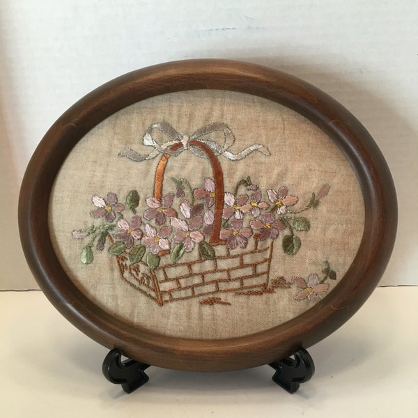 Crewel Embrodiery Wall Hanging ~ Golden Basket of Pink and Lavender Flowers  ~ Oval Frame ~Vintage