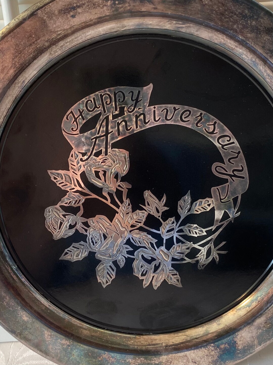 Vintage Oneida Happy Anniversary Silver Plated Tray ~ 10” Across
