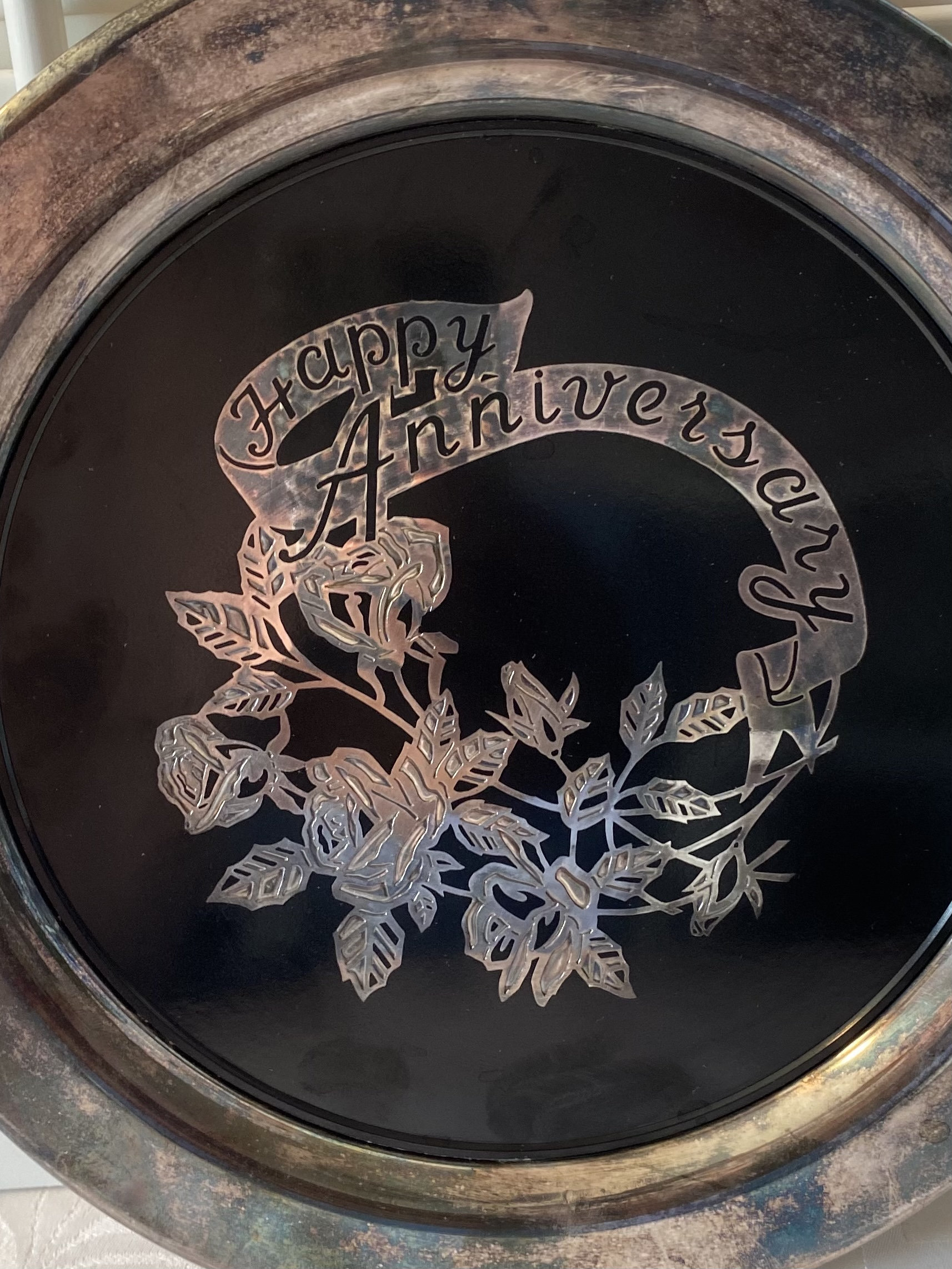 Vintage Oneida Happy Anniversary Silver Plated Tray ~ 10” Across