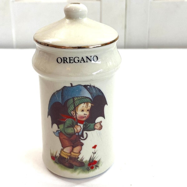 Vintage Spice Container ~ Oregano ~ Hummel Style Ceramic Spice Shaker ~ JSNY Taiwan ~ 4” high