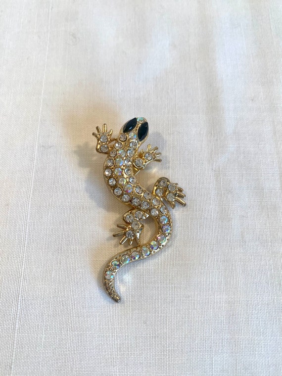 Vintage Lizard Rhinestone Brooch Pin Gold tone Fi… Gem