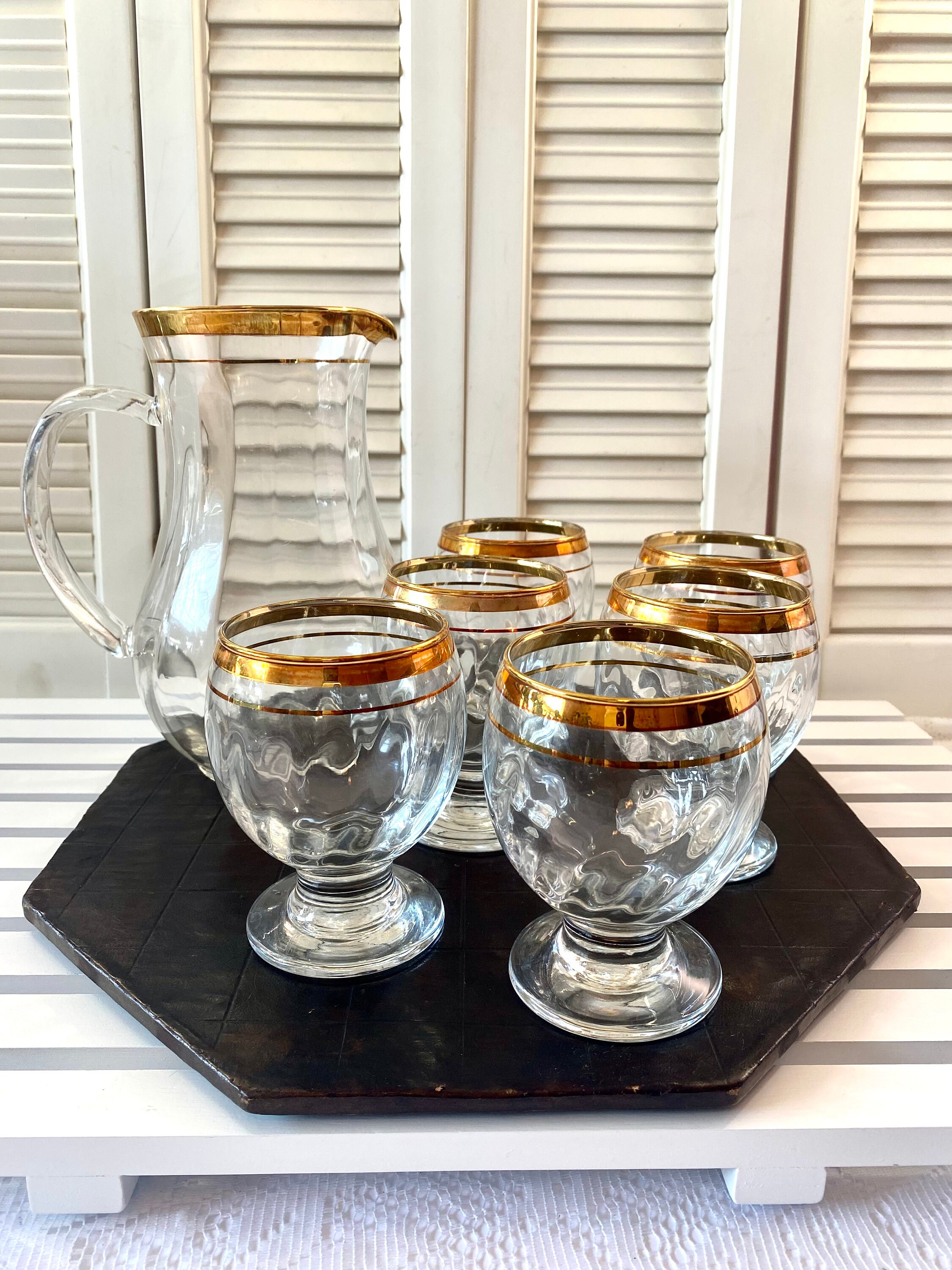 Vintage Pitcher Set ~ 6 Glasses and Pitcher ~ Clear Glass Vintage Pitcher Set ~ 6 Glasses and Pitcher ~ Clear Glass