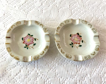 Vintage Porcelain Ashtrays ~ Individual/Personal Ashtray ~ Made in Japan ~ Pink Floral Center/Gold Trim ~ Set of Two ~ MCM ~ Collectible