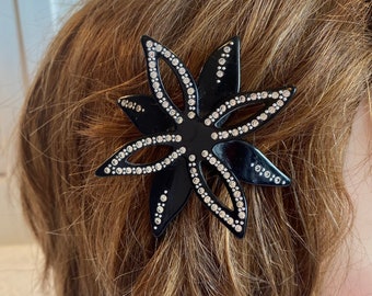 Vintage Hair Barrette ~ Hair Clip ~ Star Shape with Clear Stones ~ Black Plastic ~ Hair Accessory