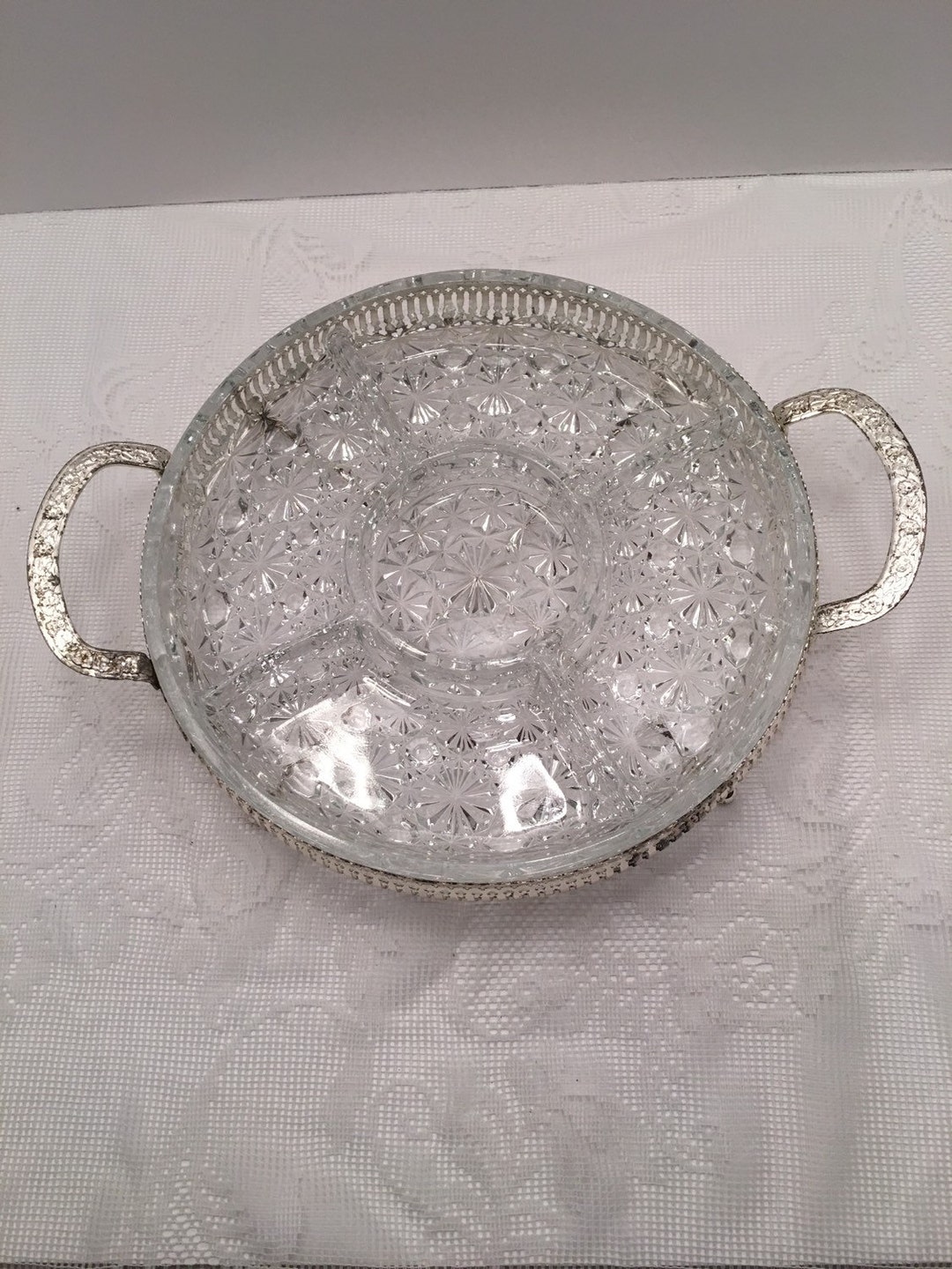 Vintage Clear Glass Divided Serving Tray or Platter With Silvertone Metal Holder Four Sections