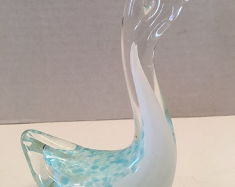 Vintage Blown Glass Teal and White Swan Murano Glass Style