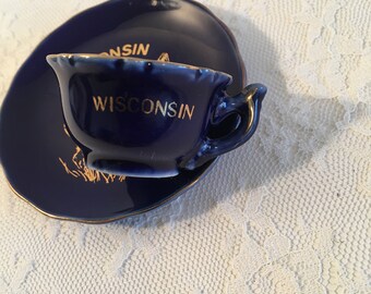 Vintage Wisconsin  Souvenir Cup and Saucer ~ Small  Cup and Saucer ~ Cobalt Blue and Gold