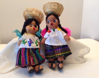 Vintage Handmade Folklore Dolls ~ Traditional Costumes ~Soft Body ~ Set of Two ~ Basket on Head