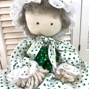 Vintage Green and White Mop Doll, Rag Doll, Rope Doll, Primitive Doll, Folk Art Doll, 24” long laying flat