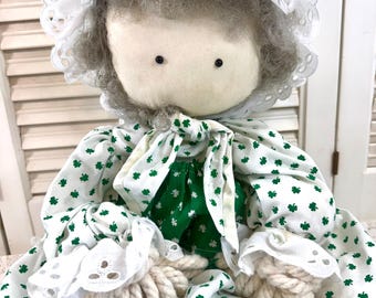 Vintage Green and White Mop Doll, Rag Doll, Rope Doll, Primitive Doll, Folk Art Doll, 24” long laying flat