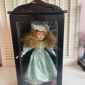 Vintage Ashley Belle Porcelain Doll in Glass and Wood Display Case Green Gown image 10