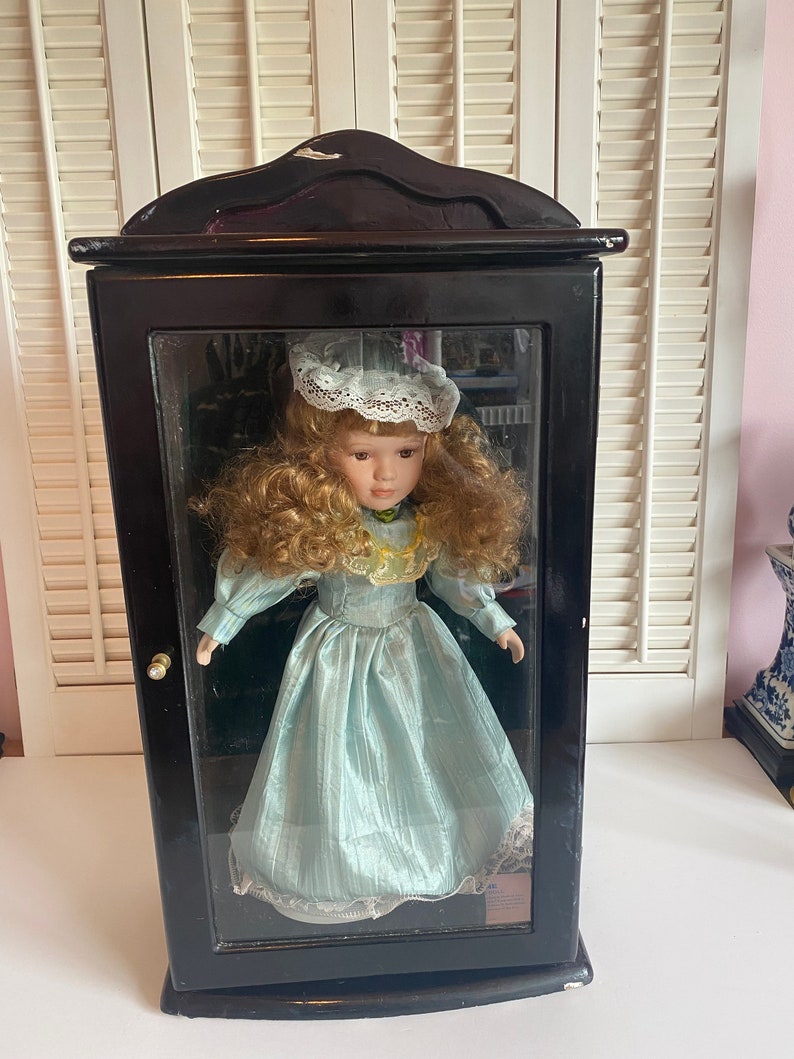 Vintage Ashley Belle Porcelain Doll in Glass and Wood Display Case Green Gown image 10