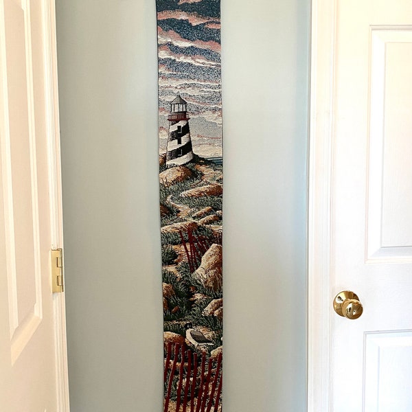 Vintage Harbor Lights Bell Pull Tapestry with Wooden Dowel Wall Hanging ~ Lighthouse Theme ~ 41” long