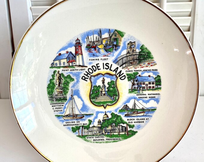 Vintage 1950s Rhode Island State Souvenir Plate Providence Point Judith Lighthouse Collectible