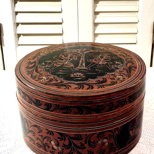 Vintage Brown and Black Lacquered Box with Inside Tray ~ People/Trees/Swirls Design ~ Faux Wood ~ 4.5” high with top on 8” across the top